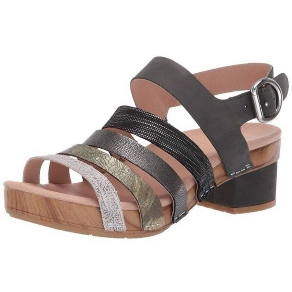 DANSKO NWOB Merybeth Gray Gold Multi-Strap Block Heel Sandals Size 39 8.5